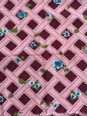 Vintage Pink Maroon Lattice Turquoise Floral Print Fabric 1 Yd + 29” X 46” W